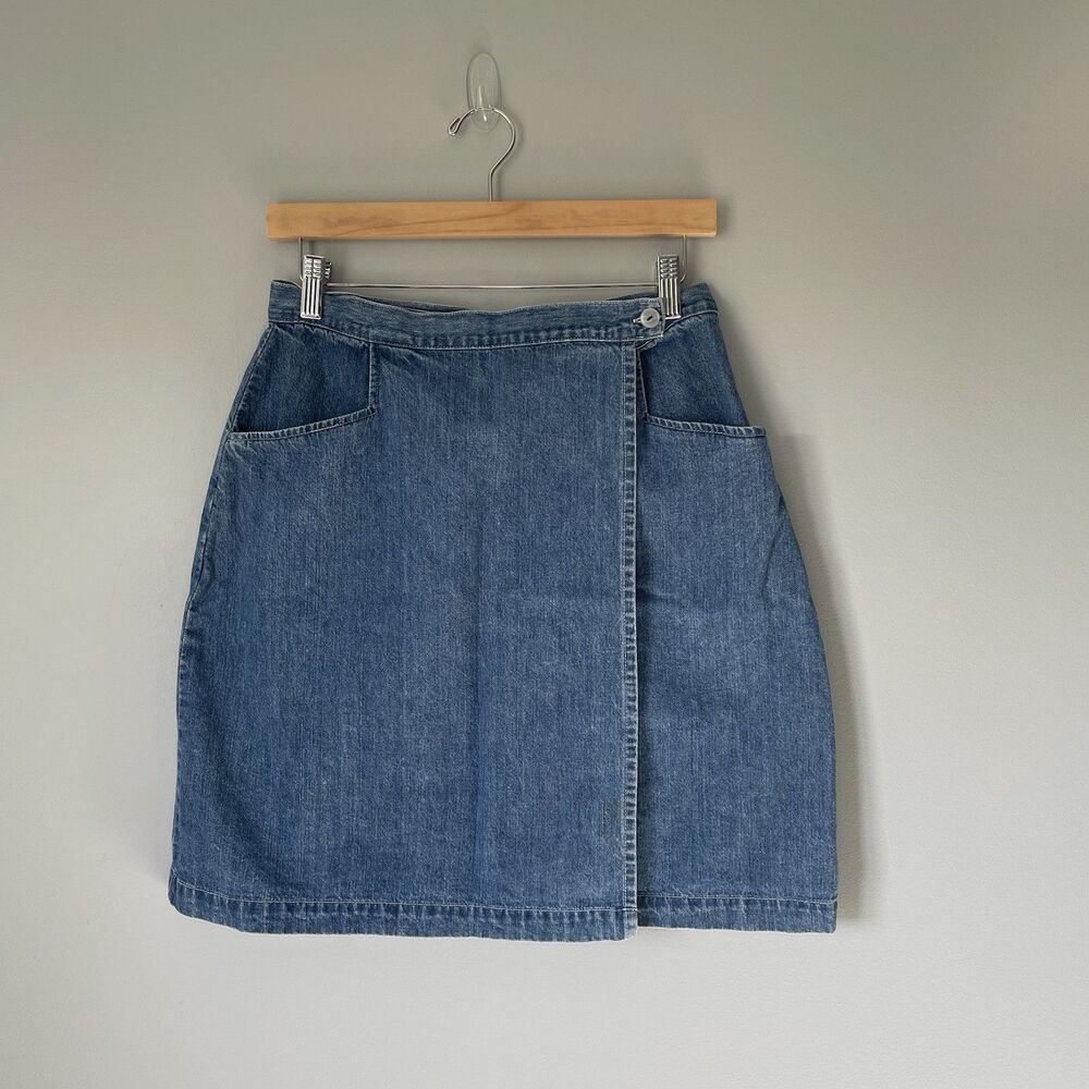 Pasta Vintage Denim Wrap Skirt 100% Cotton Cottagecore Pockets Blue Women's 10